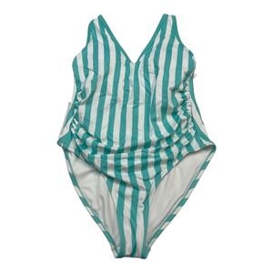 Kona Sol Swimsuit Women 20W Green‎ White Striped One Piece Preppy Beach Vacation